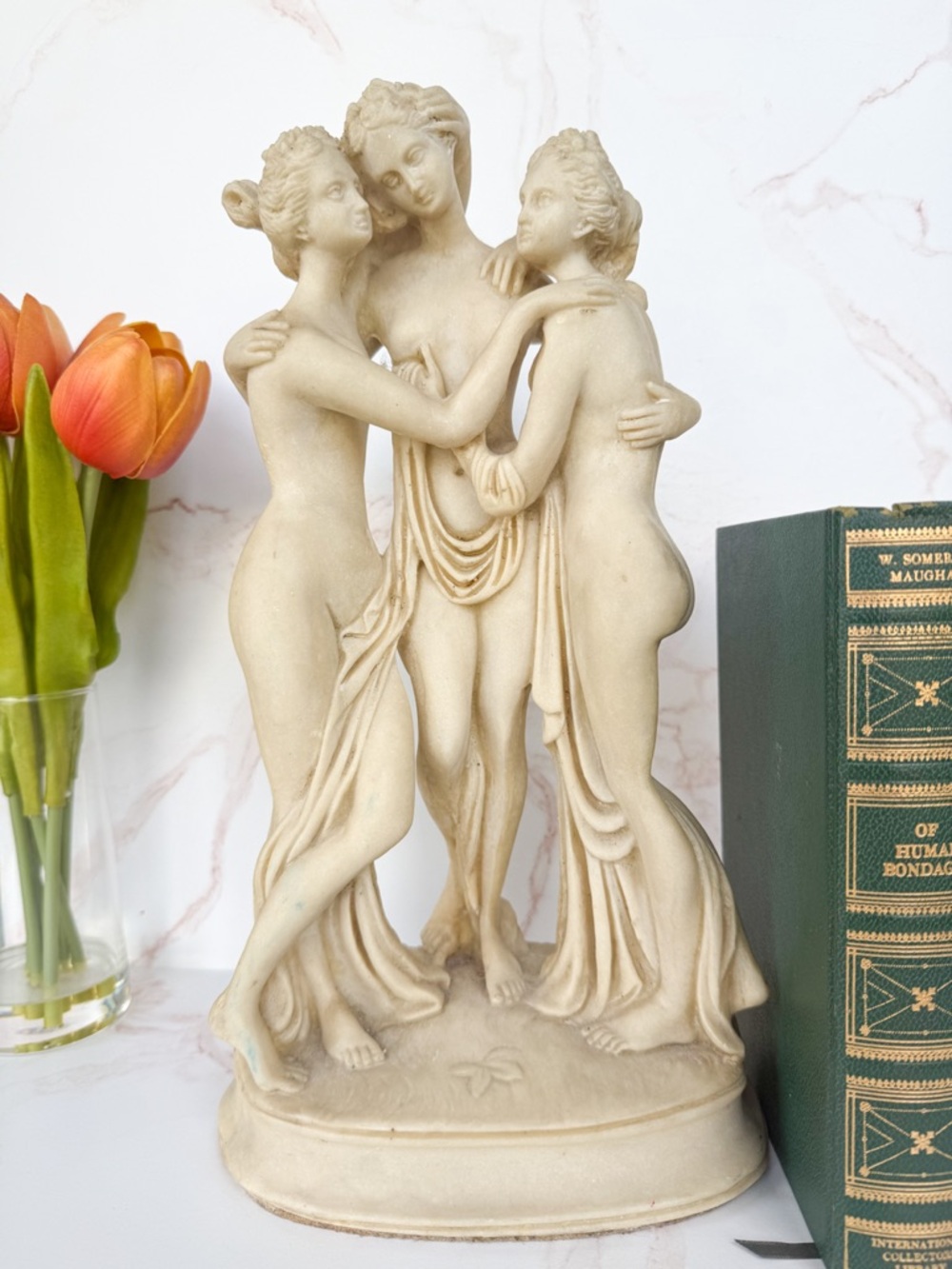 Vintage Neoclassical “Three Graces” Reproduction Sculpture in Ivory Beige Color